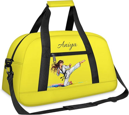 Custom Name Taekwondo Karate Duffle Bag for kids Girls - Personalized Martial Arts Gear Bag, Water-Resistant Sparring Equipment Bag, Taekwondo Yellow