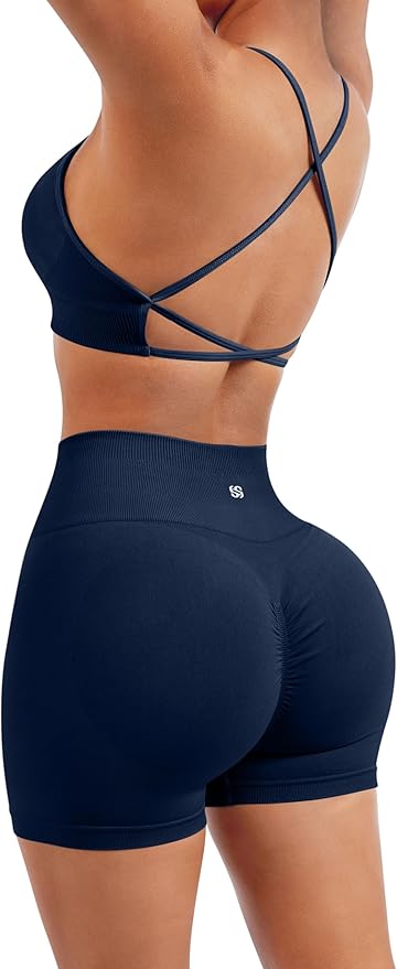 SUUKSESS Women Seamless Workout Sets Strappy Sports Bra High Waist Booty Shorts Outfits