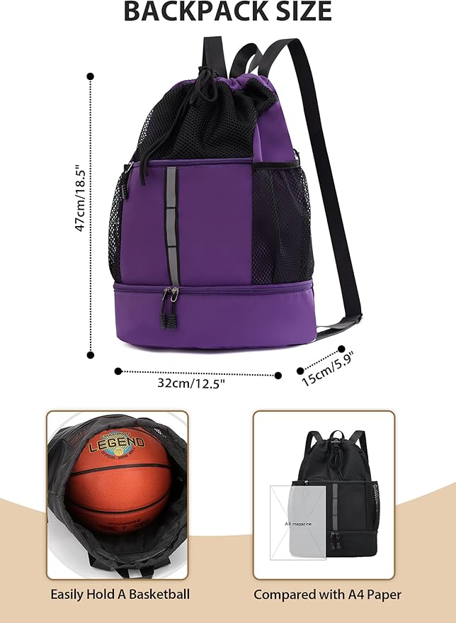 U.helper Waterproof Gym Drawstring Backpack, Sports Sack with Shoes Compartment & Wet Pockets for Ball/Beach/Swim Training