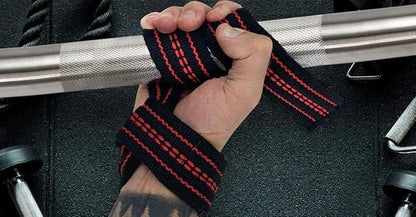 25" Powerlifting Straps (Pair) – Dominate Deadlifts with Heavy Duty Cotton Wrist Wraps – Maximum Grip Support for Strength Training & Weightlifting – Red with Gray Stripe – For All Lifters: Newbies, Pros, Young Guns & Gym Vets