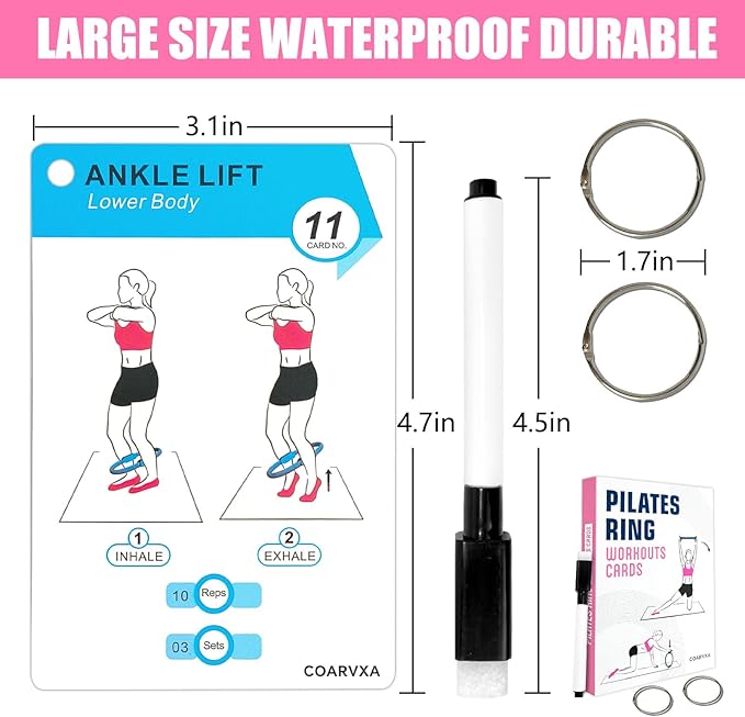 Pilates Ring Workouts for Women-58 Exercise Cards with Pilates Mat Workout Postures，ncludes 4-Week Challenge,2 Rings& Dry-Erase for Easy Organization-Home, Gym or Studio