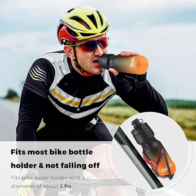 QuiFit Cycling Water Bottle 24oz, 2 Pack Sports Water Bottle BPA Free, Leakproof, Lightweight, With Dust Cap, Fits for Most Bike Drink Holder, for Biking, Running, Travel(Black+Black Orange, 24oz)