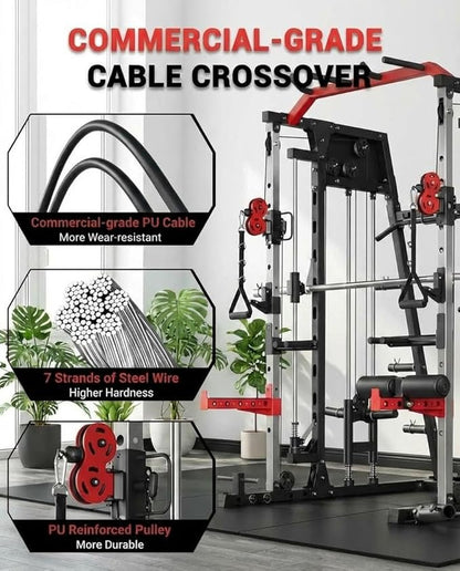 Smith Machine Home Gym All-in-1, 2200LBS Power Cage with Dual Cable Pulley Systems, LAT Pull-Down & Leg Hold-Down | Complete Strength Training Equipment for Full Body Workouts