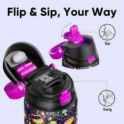 Encool SwiftSip Insulated Stainless Steel Water Bottle with Straw - Leak Proof Sports Water Bottle for School, Travel, Keeps Cold All Day, One-Touch Flip Lid, BPA-Free, 32 oz, Meowgic Night