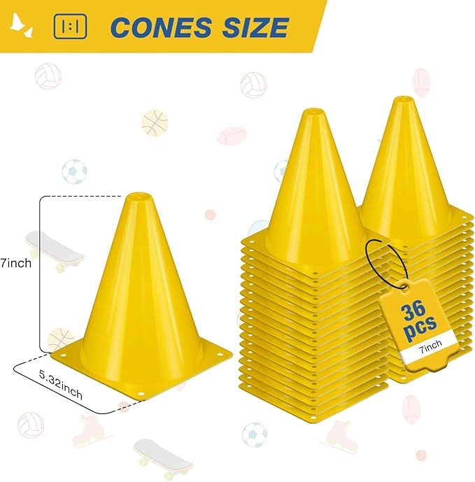 36pcs Cones 7 Inch Soccer Cones and Plastic Traffic Cones, Durable Cones for Sports Training, Ideal for Soccer, Basketball, Football, Skating, and Agility Drills Practice