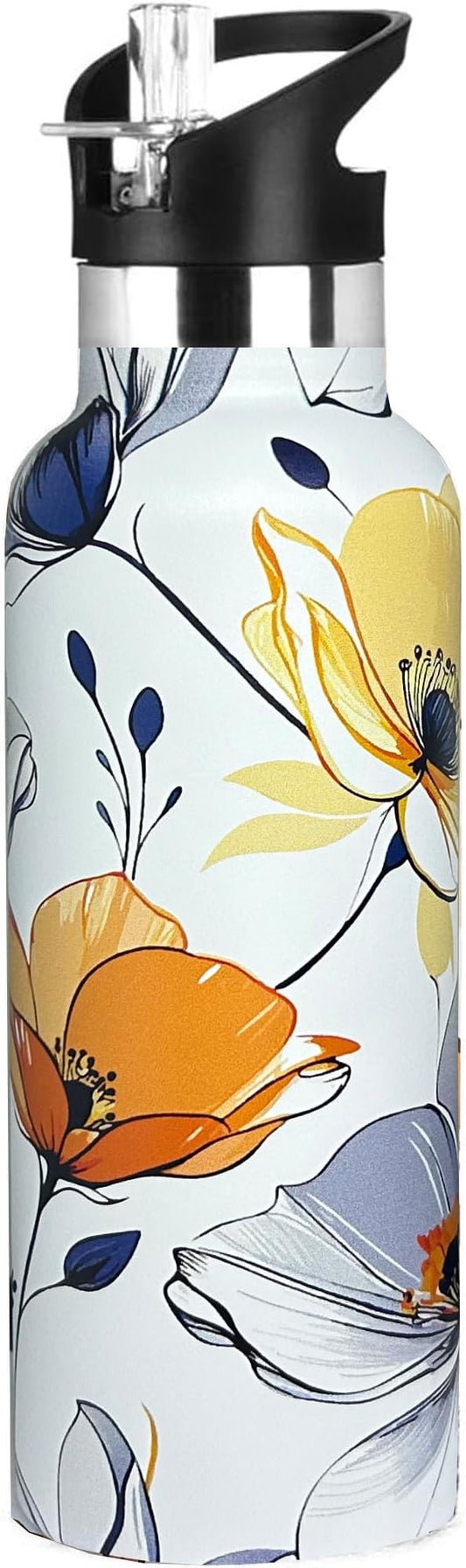 Abstract Floral Sport Water Bottle with Straw, Vacuum Insulated Stainless Steel Thermal Drinking Travel Mug Cups For Gym Fitness Camping-20oz/600ml