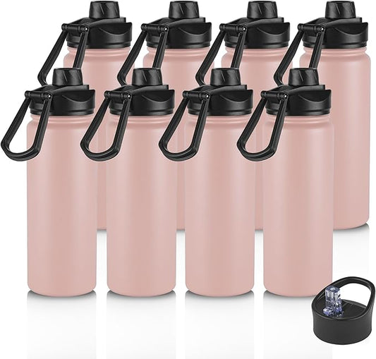 VEGOND 32 oz Insulated Water Bottle Bulk Stainless Steel Metal Water Bottles with Leak Proof Straw Lid & Spout Lid, Wide Mouth Double Walled Vacuum Travel Sports Bottle, 8 Pack