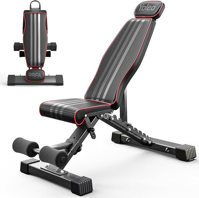 Yoleo Adjustable Weight Bench, 660LB Foldable Workout Bench with Extended Head/Neck Protection/Spine Support for Bench Press, Fast Folding Incline Decline Flat Bench