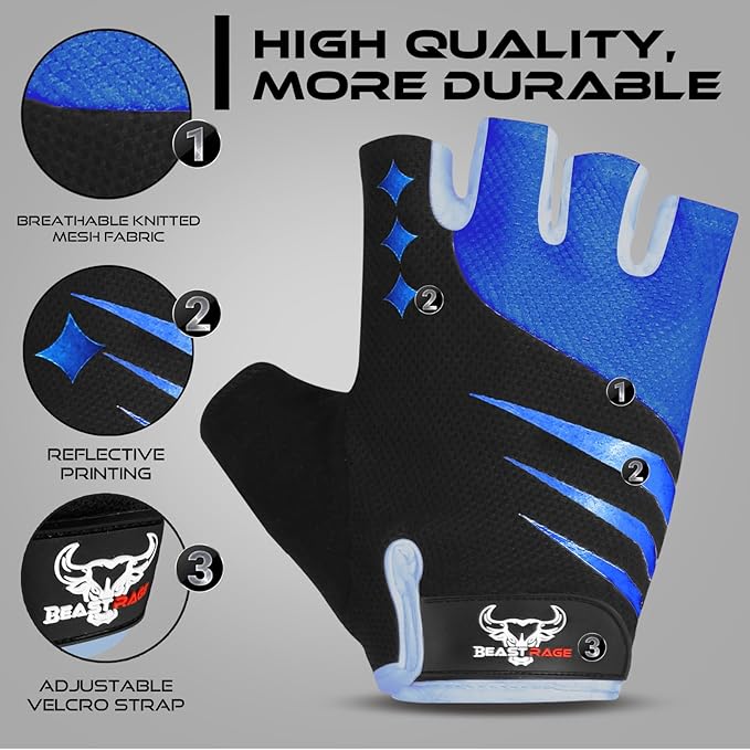 BEAST RAGE Half Finger Cycling Gloves for Men Women, Gel Padded Anti-Slip Shock Absorbing Weight Lifting Gym Gloves Cycle Mountain Bike Gloves for MTB, Biking, Hiking