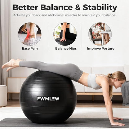Extra Thick Exercise Yoga Ball, 5-Size Anti-Burst Heavy Duty Stability Gym Ball for Fitness, Core Workout, Pregnancy & Office Chair, Includes Quick Pump