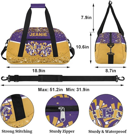 Personalized Cheer Gym Bags for Girls Kids Cheerleaders with Custom Name Sport Dance Perform Training Duffel Bags for Overnight Weekender Travel Purple Yellow
