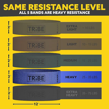Tribe Lifting Fabric Resistance Bands for Working Out - 5 Exercise Bands Set for Legs and Glutes - Booty Bands for Women and Men - Thick Cloth Workout Bands for Physical Therapy, Hip Training