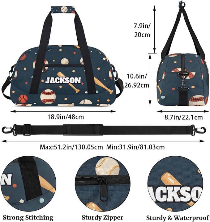 Personalized Baseball Gym Duffel Bags for Kids Boys with Custom Name Sport Training Travel Bags for Overnight Weekender, Dark Blue