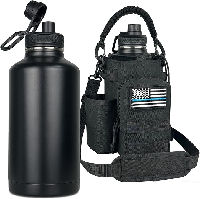 COOLYARD 64 oz Water Bottle Insulated with Sleeve Half Gallon Military Water Jug Metal Gym Water Bottles for Men Women Black