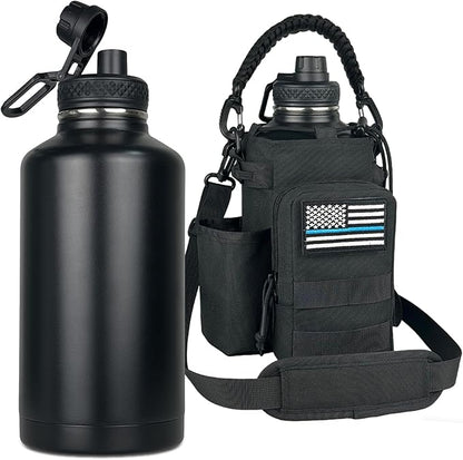 COOLYARD 64 oz Water Bottle Insulated with Sleeve Half Gallon Military Water Jug Metal Gym Water Bottles for Men Women Black