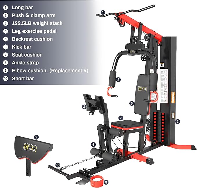 Fitvids Home Gym Equipment, Multifunctional Full Body Workout Weight Machine Station with Weight Stack, All in One Exercise Equipment with Pulley System & Seated Rowing for Home Gym Strength Training
