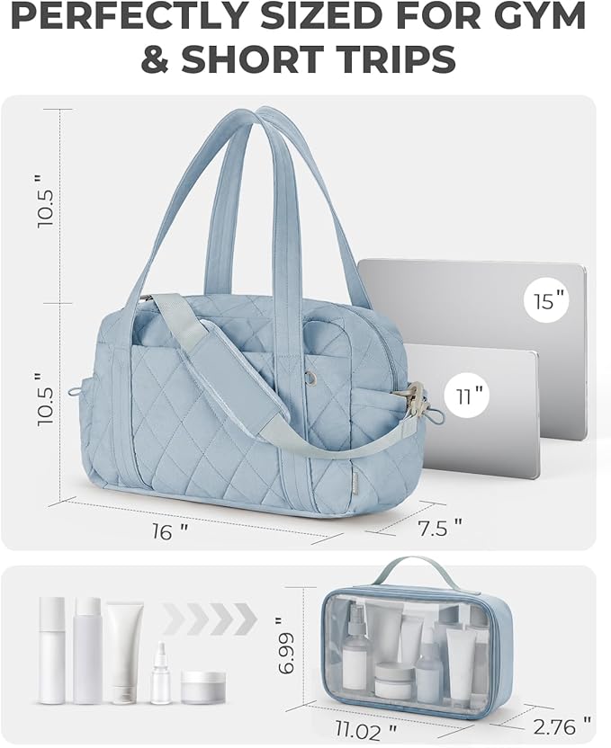 Percover Women Gym Bag with Toiletry Organizer Pouch, Quilted Workout Duffle with Compartments for Daily Fitness & Yoga, Locker-Friendly Soft Carry, Slate Blue