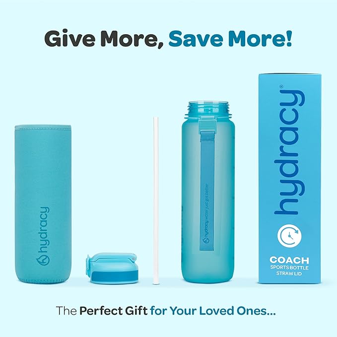 Hydracy Water Bottle with Time Marker -Large BPA Free Water Bottle & No Sweat Sleeve -Leak Proof Gym Bottle with Fruit Infuser Strainer & Times to Drink -Ideal for Fitness Sports & Outdoors