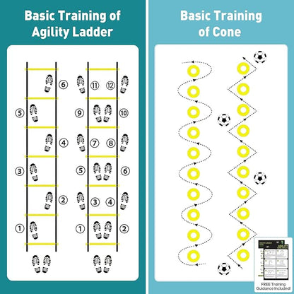 OLIXIS Soccer Agility Training Equipment Set- 20 ft Speed Ladder, 12 Soccer Cones, 4 Agility Hurdles, Jump Rope, Resistance Parachute Speed Training Equipment for Kids, Youth, Adults