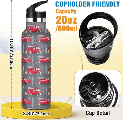 Sport Water Bottle 20 oz Red Fire Truck Kids Stainless Steel Vacuum Insulated Water Flask for Gym School
