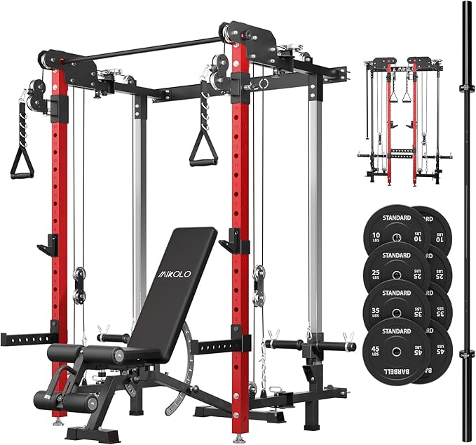 Mikolo Folding Squat Rack, Wall Mounted Power Rack with Cable Crossover Machine & LAT Pull Down, Functional Trainer with 5 Adjustable Function Modes, for Home Gym and Space Saving