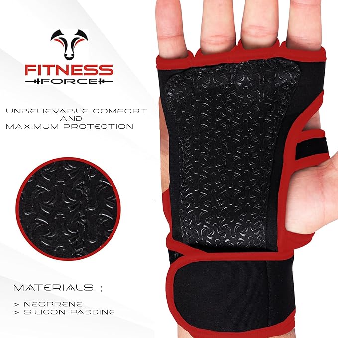 FITNESS FORCE Ventilated Weightlifting Gloves Workout Gloves for Men & Women with Built-in Wrist Wraps Fingerless Gym Gloves for Men Perfect for Exercise Fitness, Weight Lifting, Cross Training