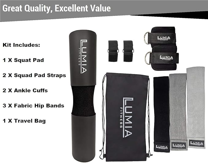 7 Piece Glute Workout Kit, Barbell Squat Pad, 3 Fabric Resistance Bands, 2 Ankle Straps, Carry Bag - Gym Accessories for Men and Women