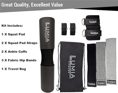 7 Piece Glute Workout Kit, Barbell Squat Pad, 3 Fabric Resistance Bands, 2 Ankle Straps, Carry Bag - Gym Accessories for Men and Women