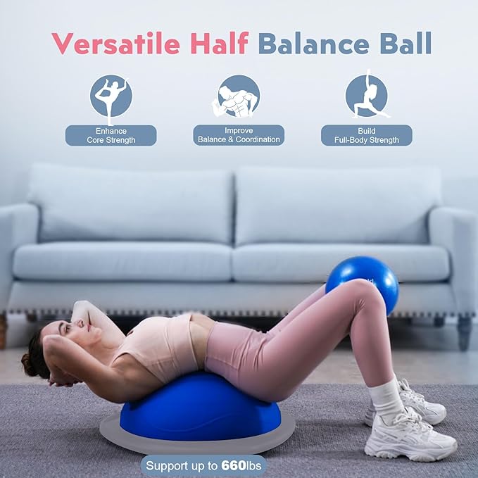 Half Balance Ball Trainer, Inflatable 19/23 Inch Half Exercise Ball with Resistance Bands and Pilates Ball, Non-Slip 660lbs Capacity Yoga Ball for Home Gym Full Body Workouts