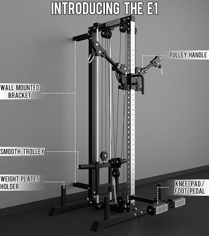 Eonfit E1 2.0 Wall Mounted Cable Machine for Home Gym, LAT Pulldown, Functional Trainer, Cable Crossover Machine Workout Station Pulley System Cable Tower with Leg Holder, Foot Board