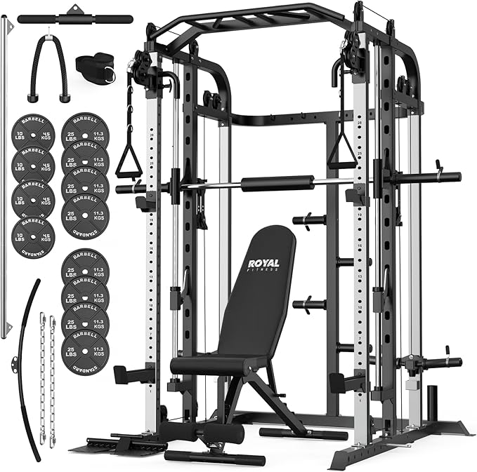 Smith Machine, Multifunctional Power Cage Rack with Smith Bar and Cable Pulley System, and LAT Pull Down Machine for Home Gym…