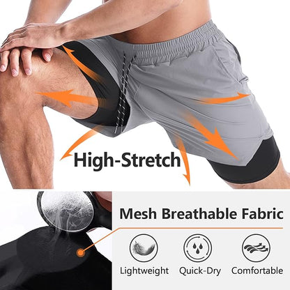 Aolesy Men's 2 in 1 Running Shorts 5" Workout Gym Athletic Shorts for Men Quick Dry Lightweight Training Shorts with Pockets