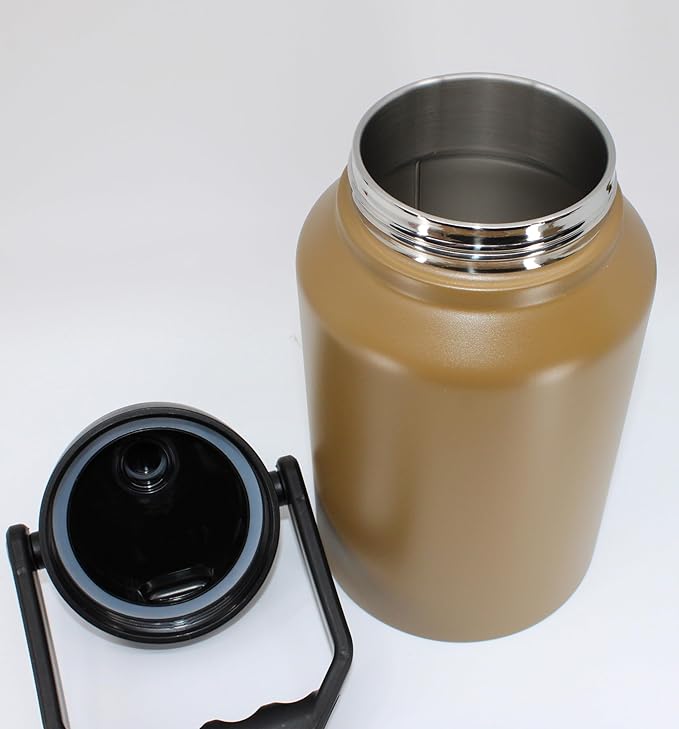 64 Ounce Half Gallon Insulated Water Bottle, Large Capacity Vacuum Flask with Handgrip (Tan)