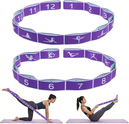 2pcs Yoga Straps for Stretching 12 Gears Elastic Bands for Exercise Stretch Band with Loops for Pilates, Yoga, Ballet, Gymnastics for Women Men, Improves Body Flexibility