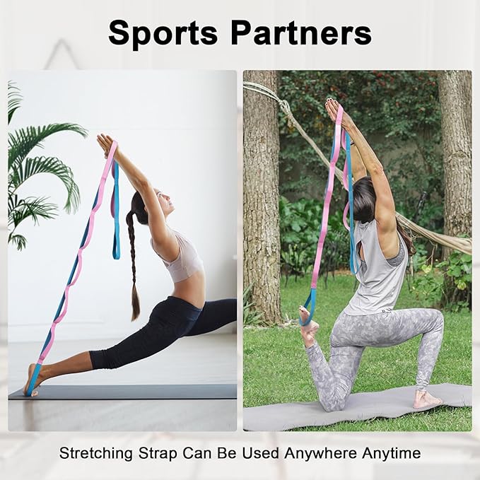 Yoga Strap for Stretching with 10 Loops Inelastic Soft Polyester Cotton Stretch Out Band for Exercise, Yoga, Pilates and Dance for Men and Women