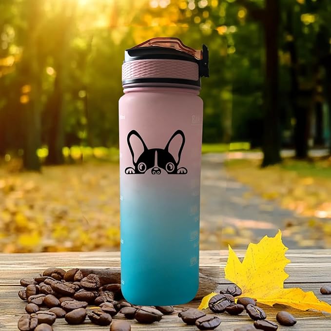 Boston Terrier 32 oz Water Bottle with Times Marker to Drink and Straw, Carrying Strap, Leakproof BPA-Free, Ensure You Drink Enough Water for Fitness Gym Camping Outdoor Sports