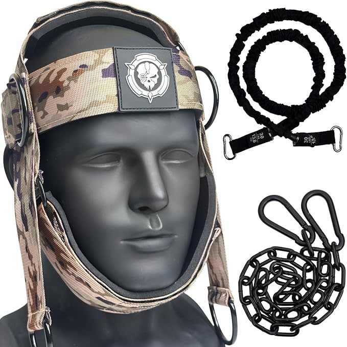 Desert Camo Neck Trainer | Adjustable Neck Stretcher Exerciser with 15lb Resistance Band for Home Gym, Relieve Neck Tension & Strength Training