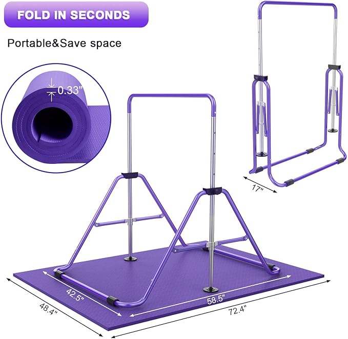 Gymnastic Bars for Kids with Adjustable Height, Folding Gymnastic Training Kip Bar, Expandable Horizontal Bar for Home