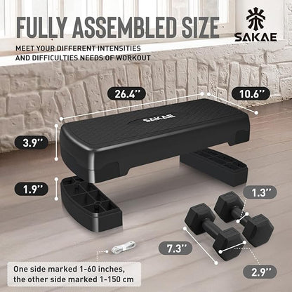 SAKAE Step Aerobics Platform Set with Dumbbells & Measuring Tape, Aerobic Steppers for Exercise at Home, Adjustable Height 2 Level Risers Workout Step Trainer with Non-Slip Surface, Multiple Colors