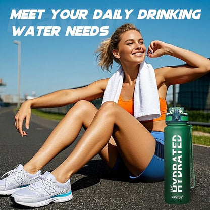 Water Bottle, 32oz Sports Water Bottles with Time Marker Wide Mouth, Motivational and Leakproof Drink Bottle, BPA Free Tritan with Carry Strap for Gym Fitness Outdoor (1 Bottle)