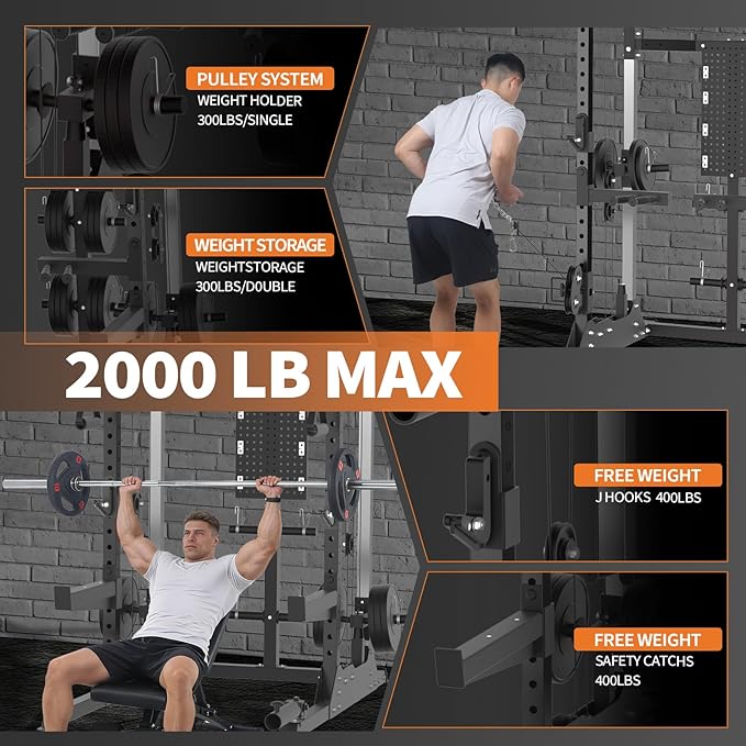 Power Cage, 2000LB Power Rack with Independent Dual Pulley System, Multi-Function Home Gym Workout Machine for Stability & Strength Training