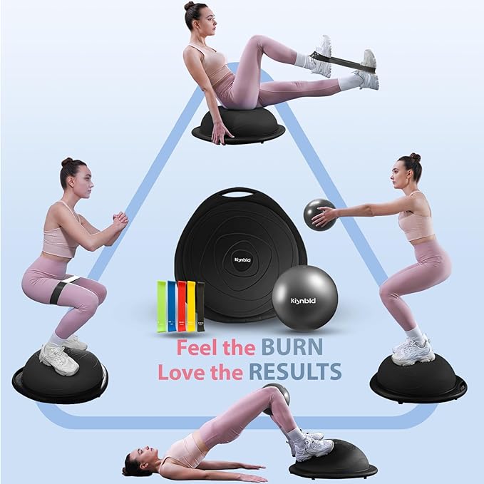 Half Balance Ball Trainer, Inflatable 19/23 Inch Half Exercise Ball with Resistance Bands and Pilates Ball, Non-Slip 660lbs Capacity Yoga Ball for Home Gym Full Body Workouts