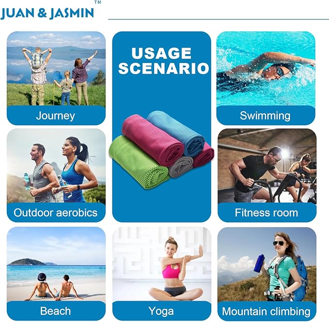 JUAN & JASMIN 2 Pack Cooling Towels (19.5"x15"), Soft Breathable Chilly Towels, Super Absorbent, Ice Wraps, Towels-Ideal for Hiking, Running, Workout, Gym, Dancing, Camping, Fitness (Light Gray)