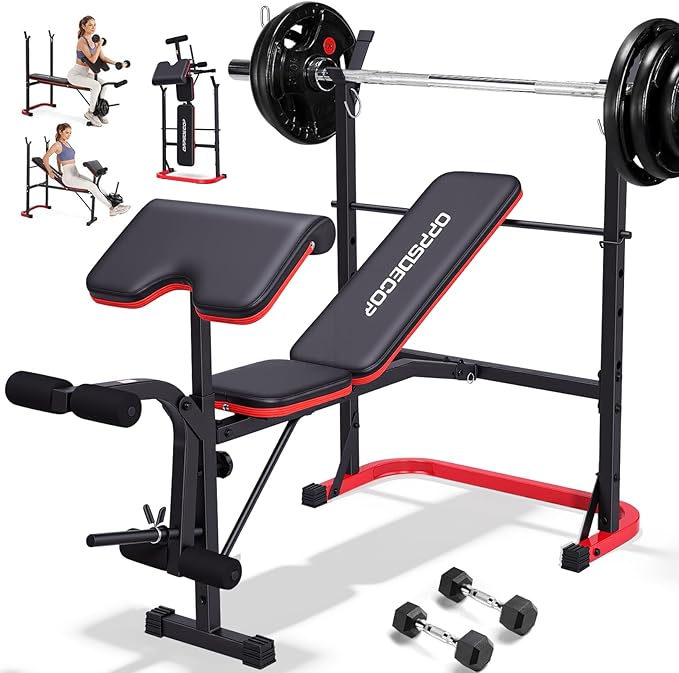 OPPSDECOR 661LBS Weight Bench Set, 8 in 1 Adjustable Bench Press with Squat Rack Leg Extension & Leg Curl Workout Bench with Safety Bar Catches Standard Weight Training Benches for Home Gym