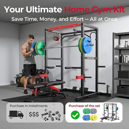 Sportsroyals Squat Rack, LAT Power Cage, Power Rack Multi-Function with Pulley System and Training Attachments for Home Gym
