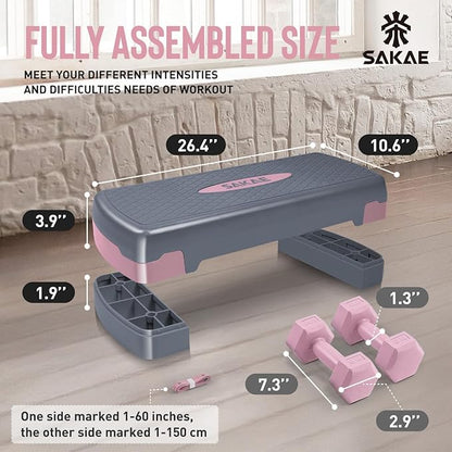Aerobic Stepper Set with Dumbbells & Measuring Tape, Adjustable Height 2 Level Risers Workout Exercise Step Platform, 4 Colors, the Ultimate Gift for a Joyful Holiday and Merry Christmas