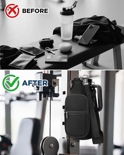 IPOW Magnetic Gym Bag Water Bottle Carrier Holder with Phone Pockets & Shoulder Strap for Men Women,Water Bottle Holder, Gym Pouch, Crossbody Bag for Travel, Sports, Work, Fitness - Black