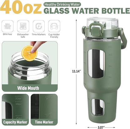 BLUEGO 40 oz Glass Water Bottles with Straw Time Marker, Glass Tumbler with Handle Top Lids, Easy to Clean, Fits in Car Cup Holder, Leakproof Jug for Gym, Sports, Workout & Daily, 02 Olive