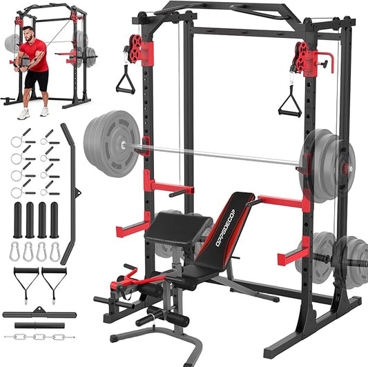 OPPSDECOR Power Cage, 2000LBS Squat Rack with Dual Pulley Cable Crossover System, Multifunctional Power Rack with More Training Attachments for Home Gym, Weight Cage Fits Compact Space