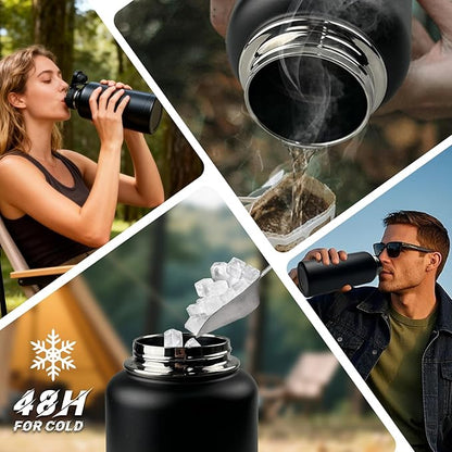 64 oz Insulated Water Bottle - Half Gallon Water Bottle with Sleeve Military Stainless Steel Water Jug with Handle for Men Sports Workout Hiking with Black Water Bottles Pouch